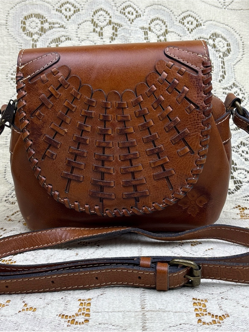 PATRICIA NASH Puccini Woven Flap Saddle Bag Brown Leather Crossbody Purse